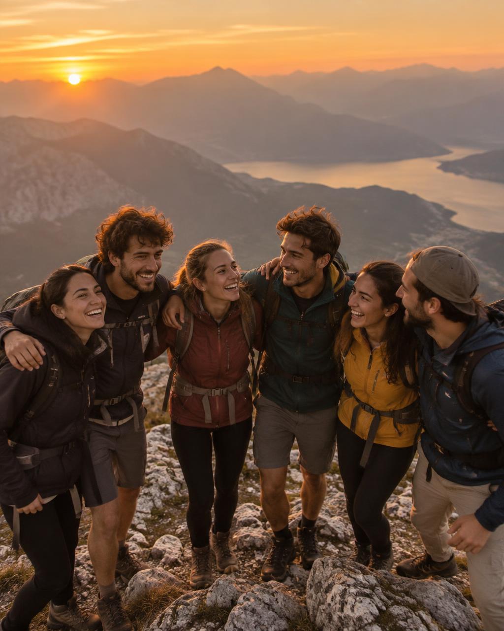 Amici della Tribe abbracciati in vetta al tramonto